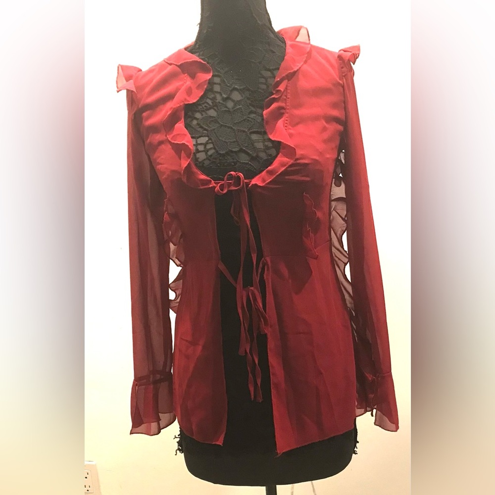 NWT Musera Elegant burgundy sheer Red Ruffle Women's jacket